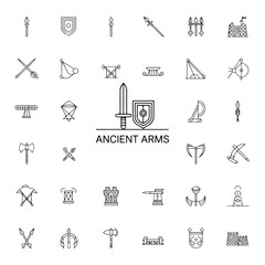 Collection of Ancient Arms and Medieval Weapons in a Vector Outline Style for Historical Illustration and Design Projects
