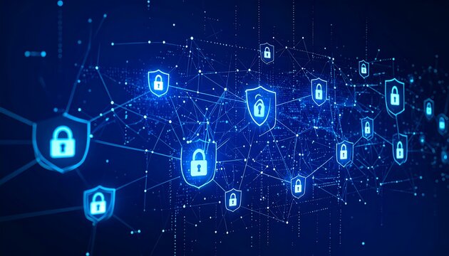 Abstract digital network with glowing security shields