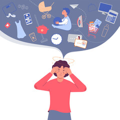 Tense woman whose head is spinning from multitasking. Woman burden with multiple plans, problems and liabilities. Multitasking concept vector illustration.