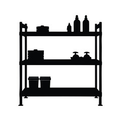Black silhouette of three tier shelving unit with various items