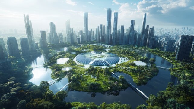 An innovative and futuristic urban landscape that beautifully integrates greenery captivating water features, blending natural elements with modern architectural designs for a more vibrant community