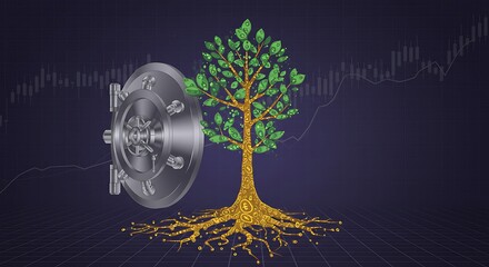 A conceptual illustration of a tree growing from a vault, symbolizing financial growth.