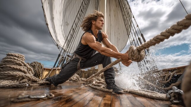 A crew ship pulling on a rope to adjust a sail as strong winds whip through the rigging