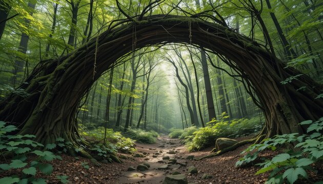 A serene forest archway formed by intertwined trees and lush greenery, viewed from a dirt pathway.