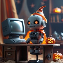 Obraz premium Mini Halloween Robot Figure with Vintage Computer – Ultra Realistic Collectible Toy Scene