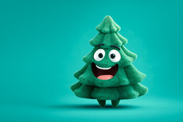 Smiling Christmas Tree Cartoon. Smiling animated Christmas tree on a turquoise background. Perfect for holiday cards and children's content.