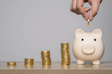 A hand adds a coin to a piggy bank beside stacks of golden coins, symbolizing saving money and...
