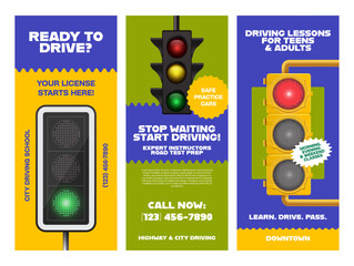Template of flyers inviting to driving lessons with experienced instructors for teenagers and adults in a specialized school