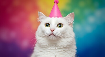 Fototapeta premium White Cat with Pink Party Hat