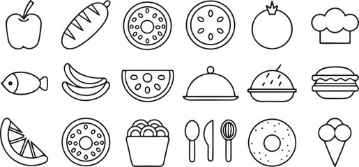 Isolated black food icon collection, includes fruit, vegetables, fast food, snacks, groceries, chef hat, cutlery, meal plate, editable line illustrations for nutrition and kitchen