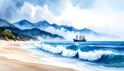 Fototapeta premium Serene coastal scene; sailboat on calm ocean, waves lapping sandy shore, mountains in background