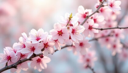 Obraz premium Delicate Pink Cherry Blossoms Bloom on a Branch in Soft Morning Light