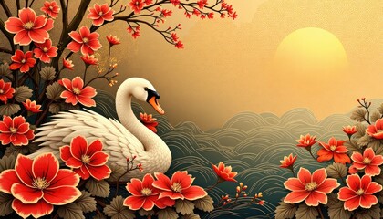 Elegant White Swan Amidst Vibrant Red Blossoms and Golden Sunset Hues