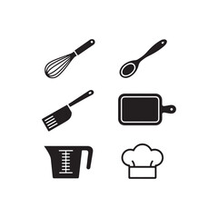 Flat kitchen icon bundle, black vector design, whisk, spoon, cutting board, measuring cup, chef hat, clean minimal layout 