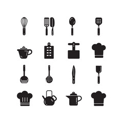 Flat kitchen icon bundle, black vector design, whisk, spoon, cutting board, measuring cup, chef hat, clean minimal layout 