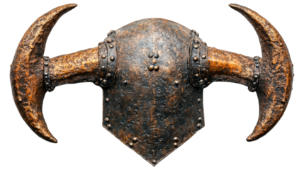 Old horned helmet with a leather holster and metal gun, an isolated brown leather belt,  on white background.