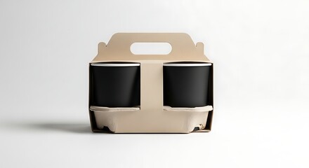 Two black cups in a cardboard carrier against a bright white background
