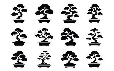 Obraz premium Bonsai Tree Silhouette Collection – Stylized Potted Tree Icons for Zen, Nature & Home Decor Themes