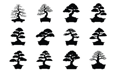 Obraz premium Bonsai Tree Silhouette Collection – Stylized Potted Tree Icons for Zen, Nature & Home Decor Themes