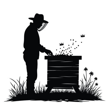 recommend clip art: Beekeeper tending hive with flying bees and grass beekeeping apiary