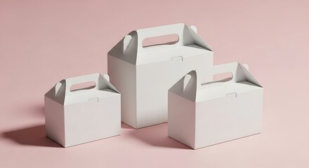 Elegant arrangement of white gable boxes on a soft pink background studio setup