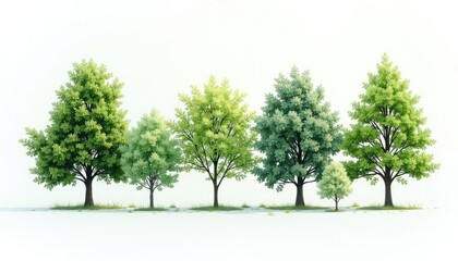 Serene Row of Trees with Varied Green Foliage Against a White Backdrop