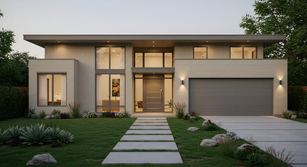 Modern luxury house exterior with geometric landscaping and large windows design