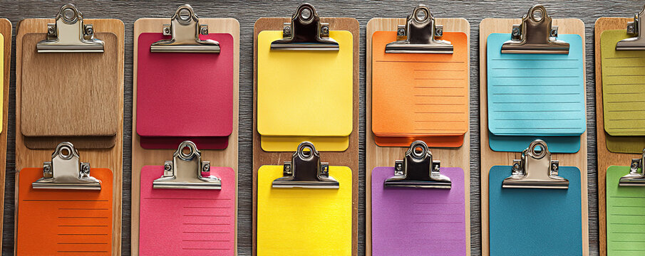 Colorful clipboards with sticky notes arranged on a wooden surface for organization and note-taking activities