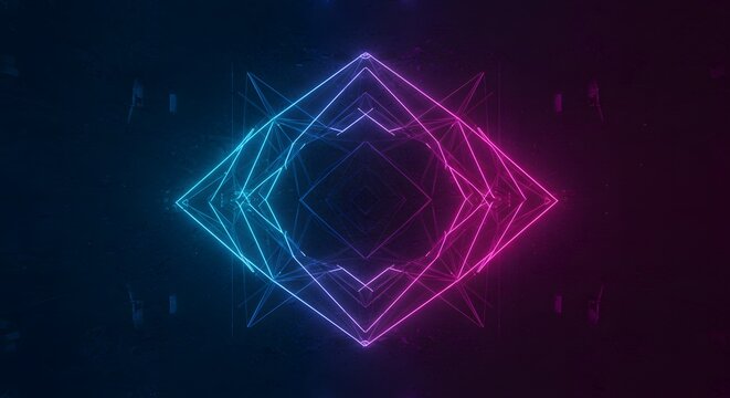 Abstract geometric design featuring nested diamond shapes illuminated with vibrant blue and pink neon gradients against a dark background.