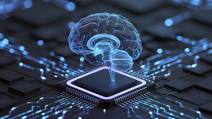 Futuristic glowing blue artificial intelligence brain hologram emerging from a computer processor chip