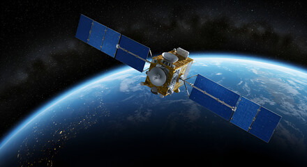 Satellite orbits Earth glowing cities below