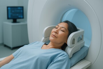 asian woman lying inside mri machine for brain scan in soft blue clinical room, concept of early detection, alzheimer awareness, neurological health