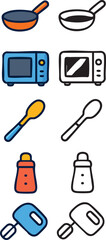 Colorful kitchen appliance icons in various styles.