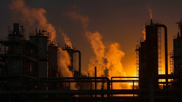 Industrial Sunset: Silhouette of Factory with Smoke and Pipes at Dusk.