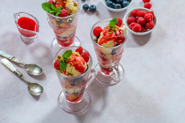 Knickerbocker glory - layered ice cream sundae with fresh fruit