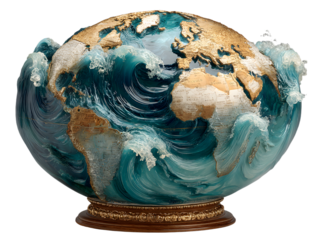 Artistic globe representation featuring continents and dynamic ocean waves depiction
