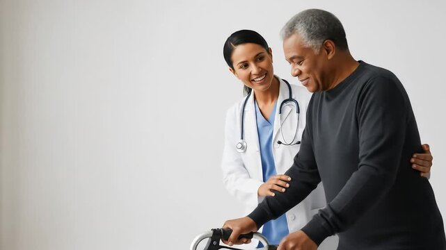 Doctor Assists Elderly Man Using Walking Frame in Bright Studio Setting