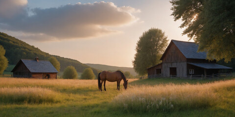 Obraz premium Horse grazing near wooden barns in mountain valley during golden hour – Generative AI