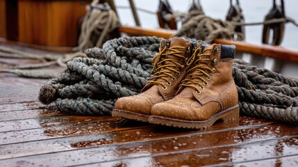 A close-up of sailor boots resting on a wet ship deck