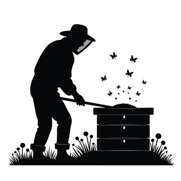 recommend clip art: Beekeeper tending to beehive with flying insects beekeeping bees