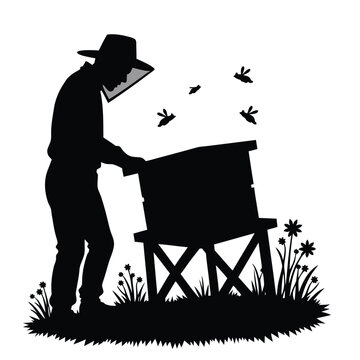recommend clip art: Beekeeper tending to hive surrounded by buzzing bees and wildflowers beekeeping apiary