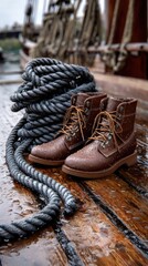 A close-up of sailor boots resting on a wet ship deck
