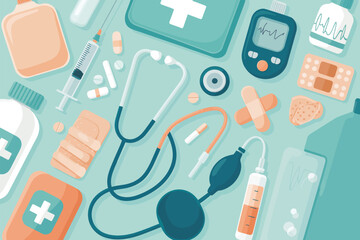 Flat lay of medical supplies and equipment for healthcare and wellness