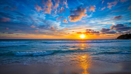 Fototapeta premium Beautiful sunset and waves at sea