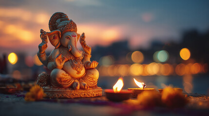 Anant Chaturdashi, Peaceful close-up of Ganesh idol before immersion with diya flames flickering at twiligh