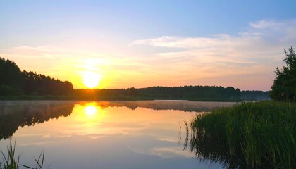Fototapeta premium Serene sunrise over calm water, reflecting the golden light, with misty shores and tranquil greenery