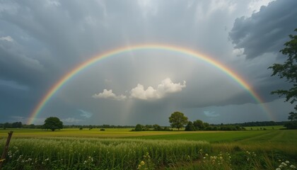 A vibrant rainbow arcs over a serene green field with lush trees under a dramatic cloudy sky, viewed from a distance, captured in a standard scale photograph
