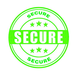 Secure green rubber stamp with grunge texture and official safety assurance label isolated on white background