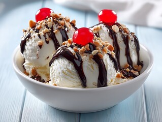 Ai generated image of three scoops of vanilla ice cream topped with chocolate sauce, nuts, and cherries