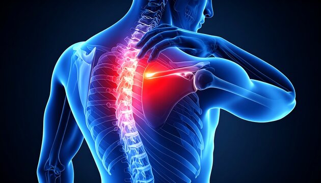 Anatomical rendering of a male figure experiencing upper back and shoulder pain, highlighted by red